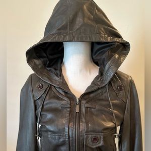 Hooded leather bomber jacket in grey